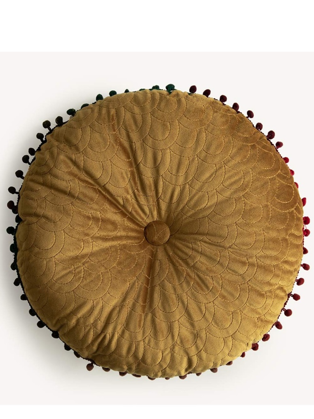 Tufted Chair Cushion with ORANGE Pom Pom Trim 16” Round - YELLOW
